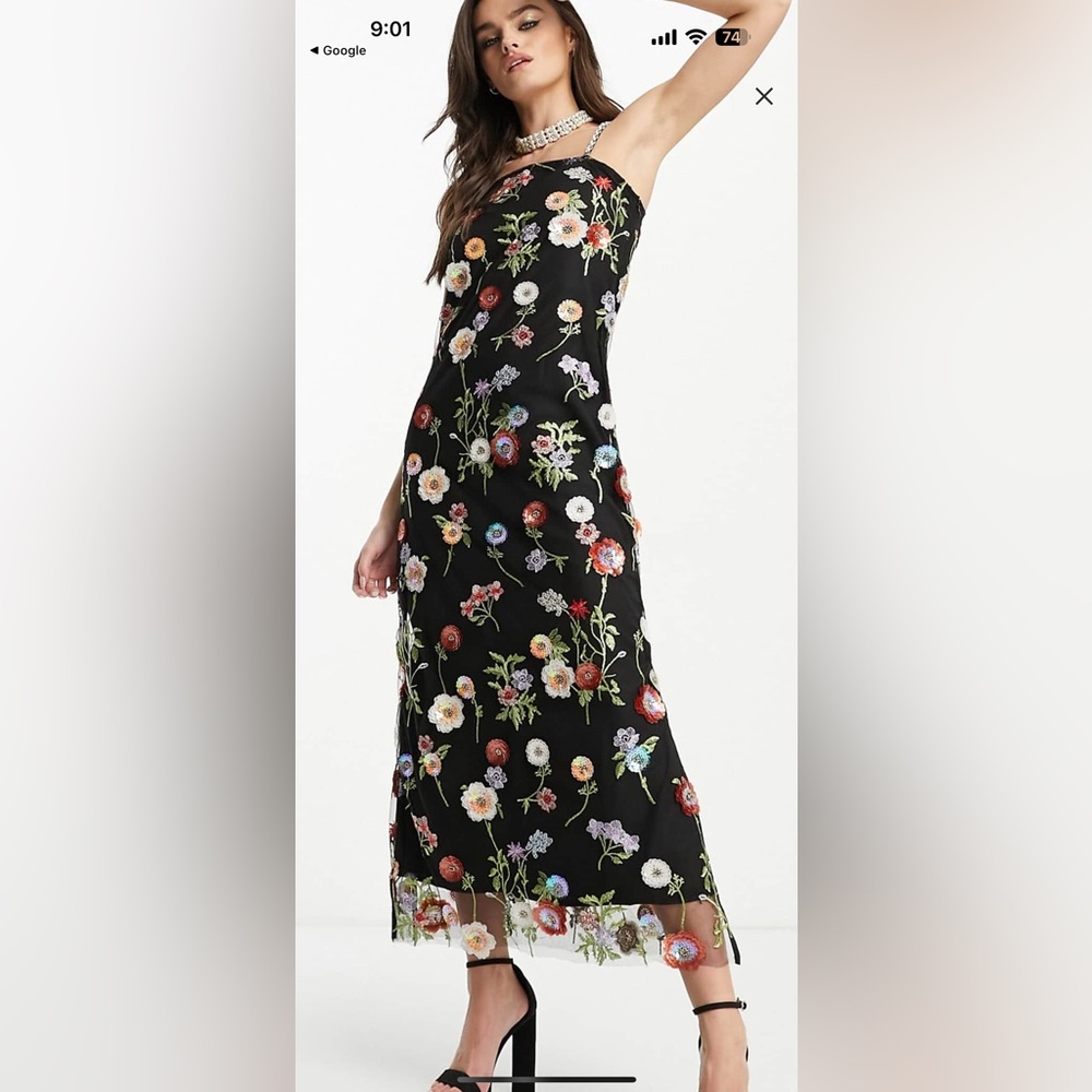 Floral Embroidered Black Slip Dress
